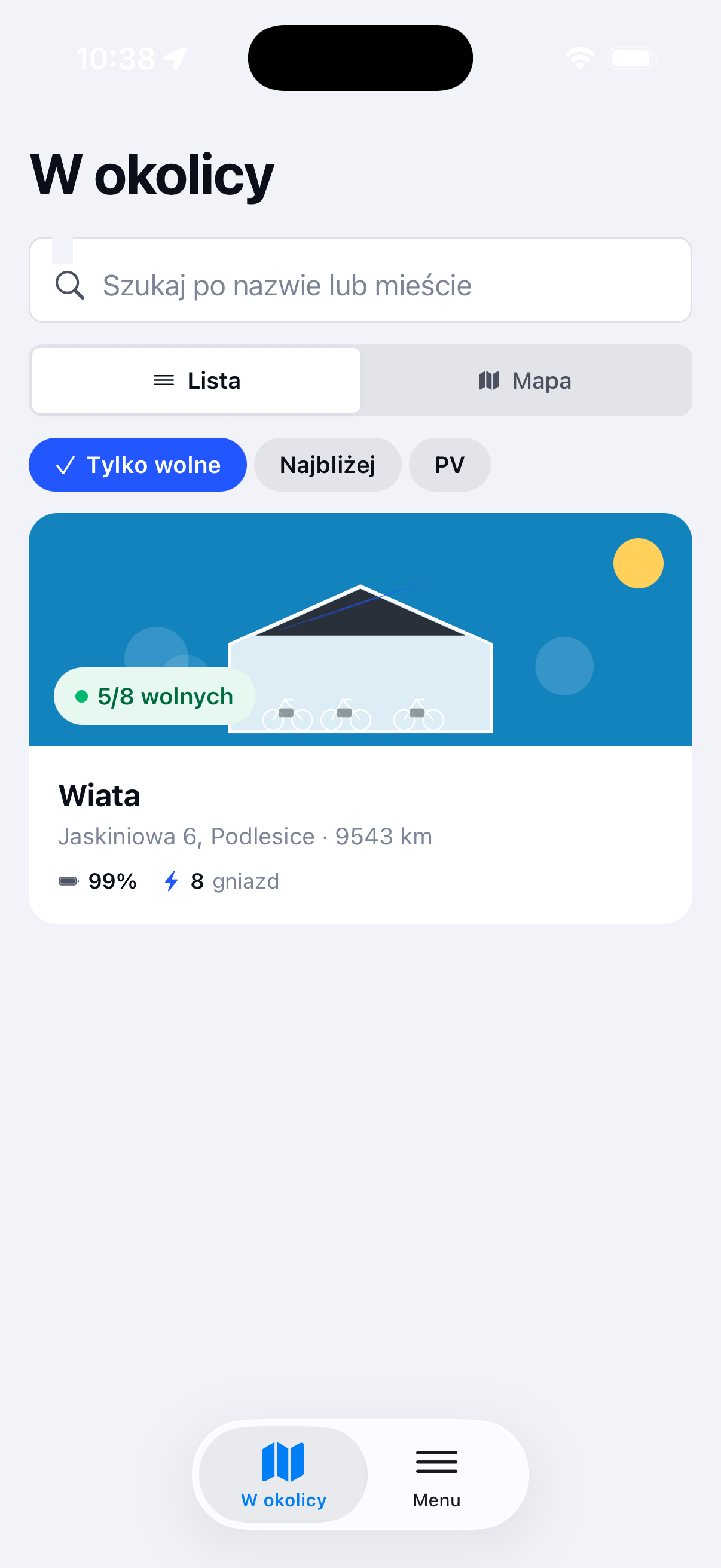 Aplikacja ChargeGo — lista wiat w okolicy z liczbą wolnych stanowisk