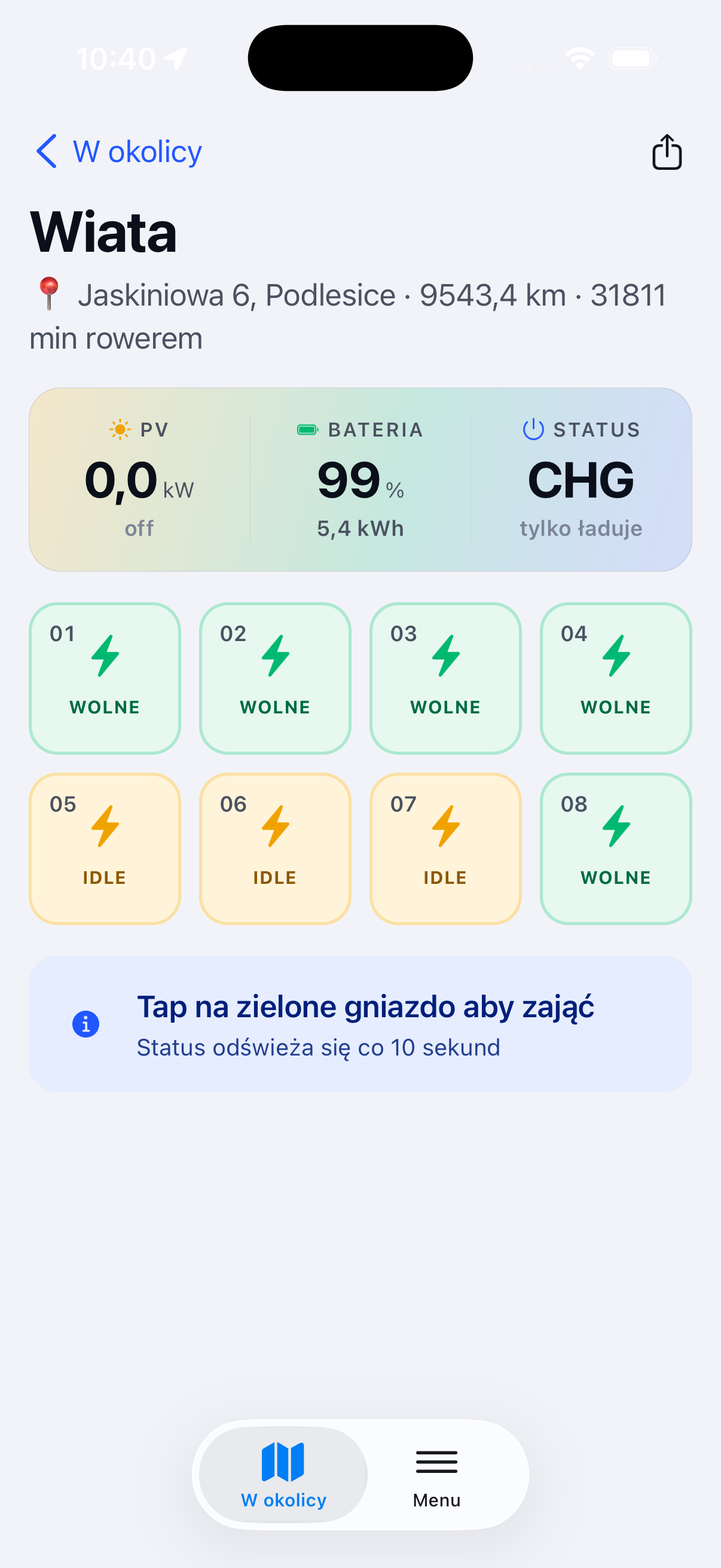 Aplikacja ChargeGo — szczegóły wiaty z 8 gniazdami