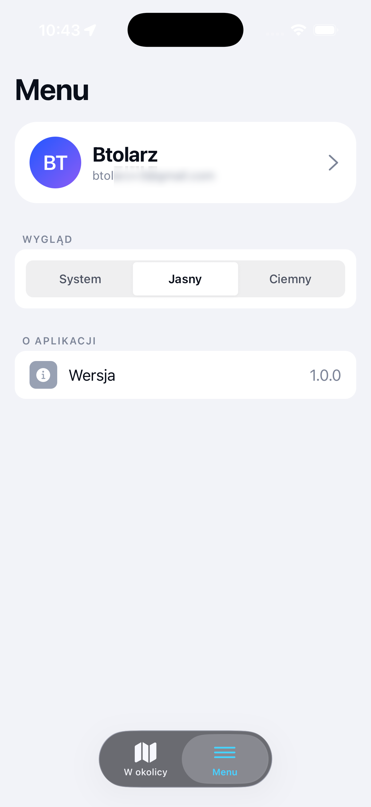 Aplikacja ChargeGo — menu i profil użytkownika