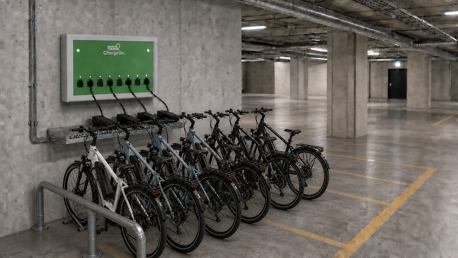 ChargeGo Box — naścienna stacja ładowania rowerów elektrycznych w garażu podziemnym, 8 stanowisk