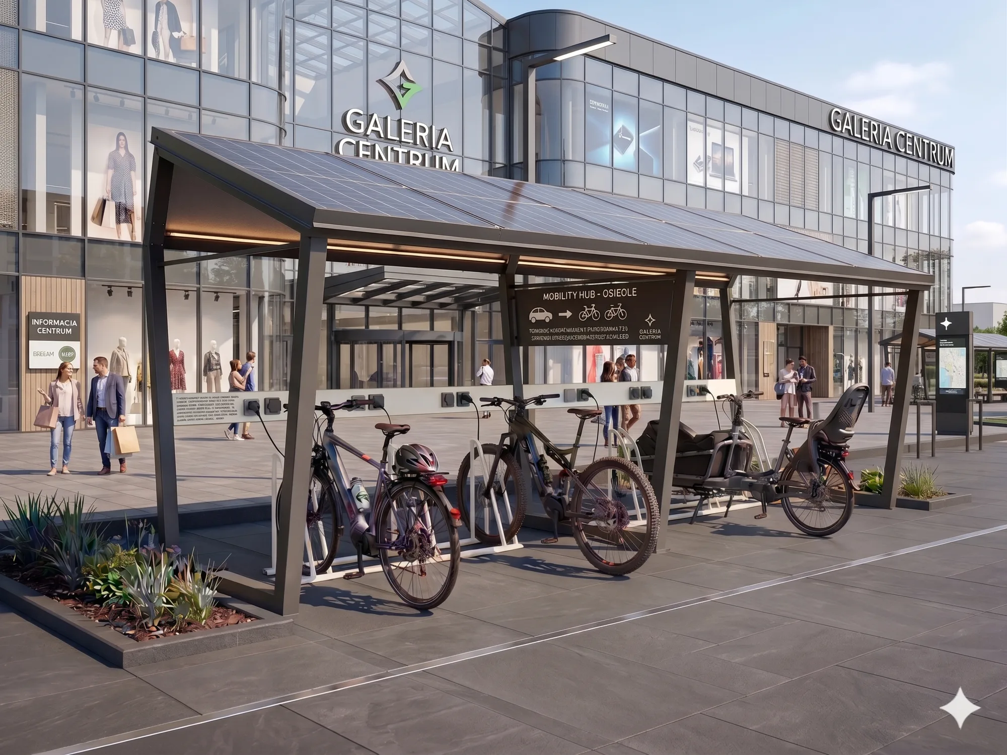 Solarna wiata rowerowa ChargeGo przy Galerii Centrum — stacja ładowania e-bike dla klientów, render z mobility hubem