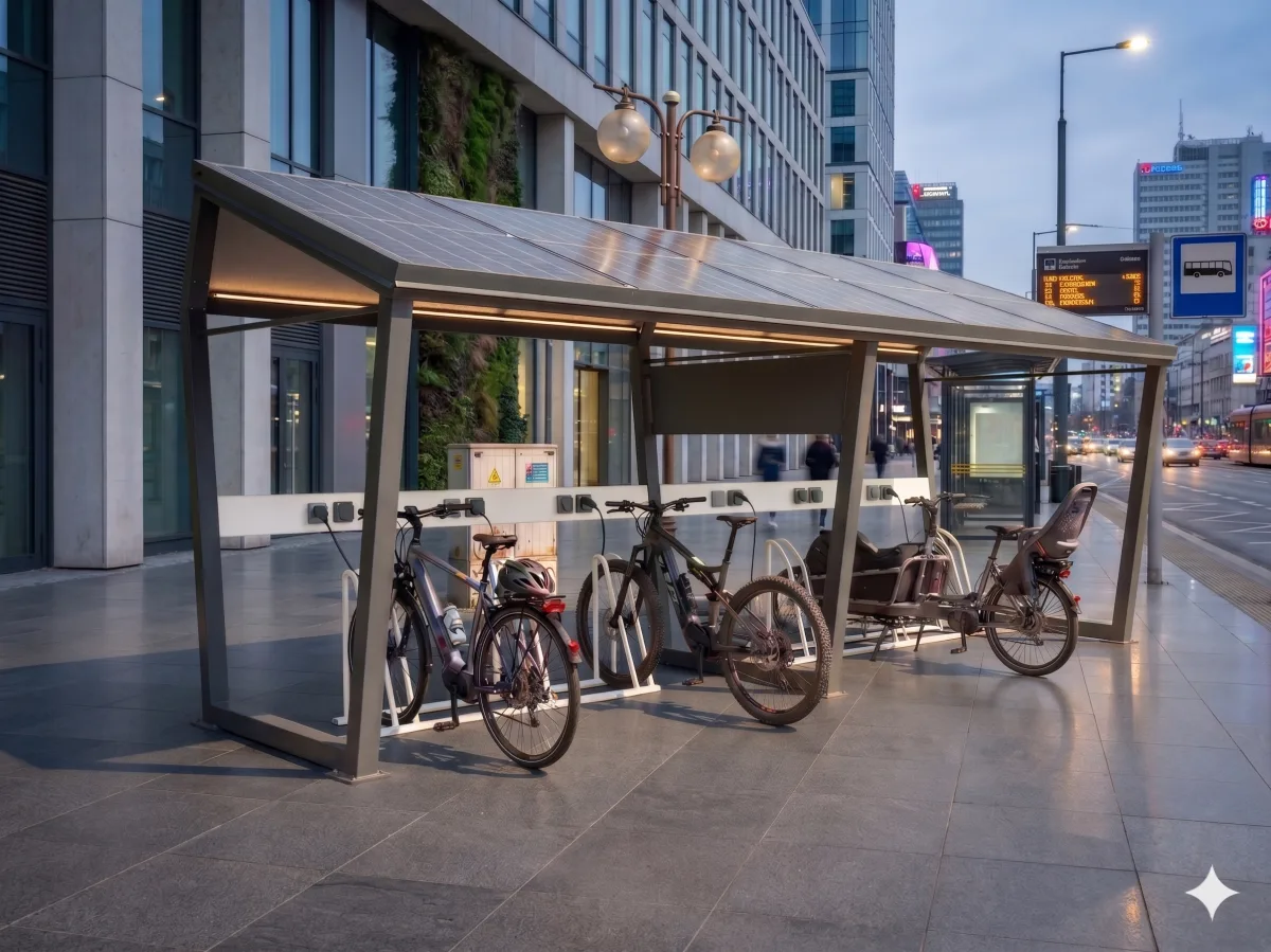 Solarna wiata rowerowa dla miasta — infrastruktura rowerowa publiczna