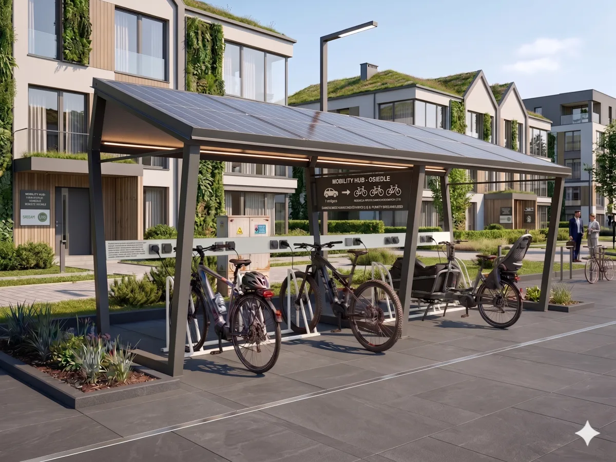 Solarna wiata rowerowa na osiedlu mieszkaniowym — infrastruktura rowerowa BREEAM