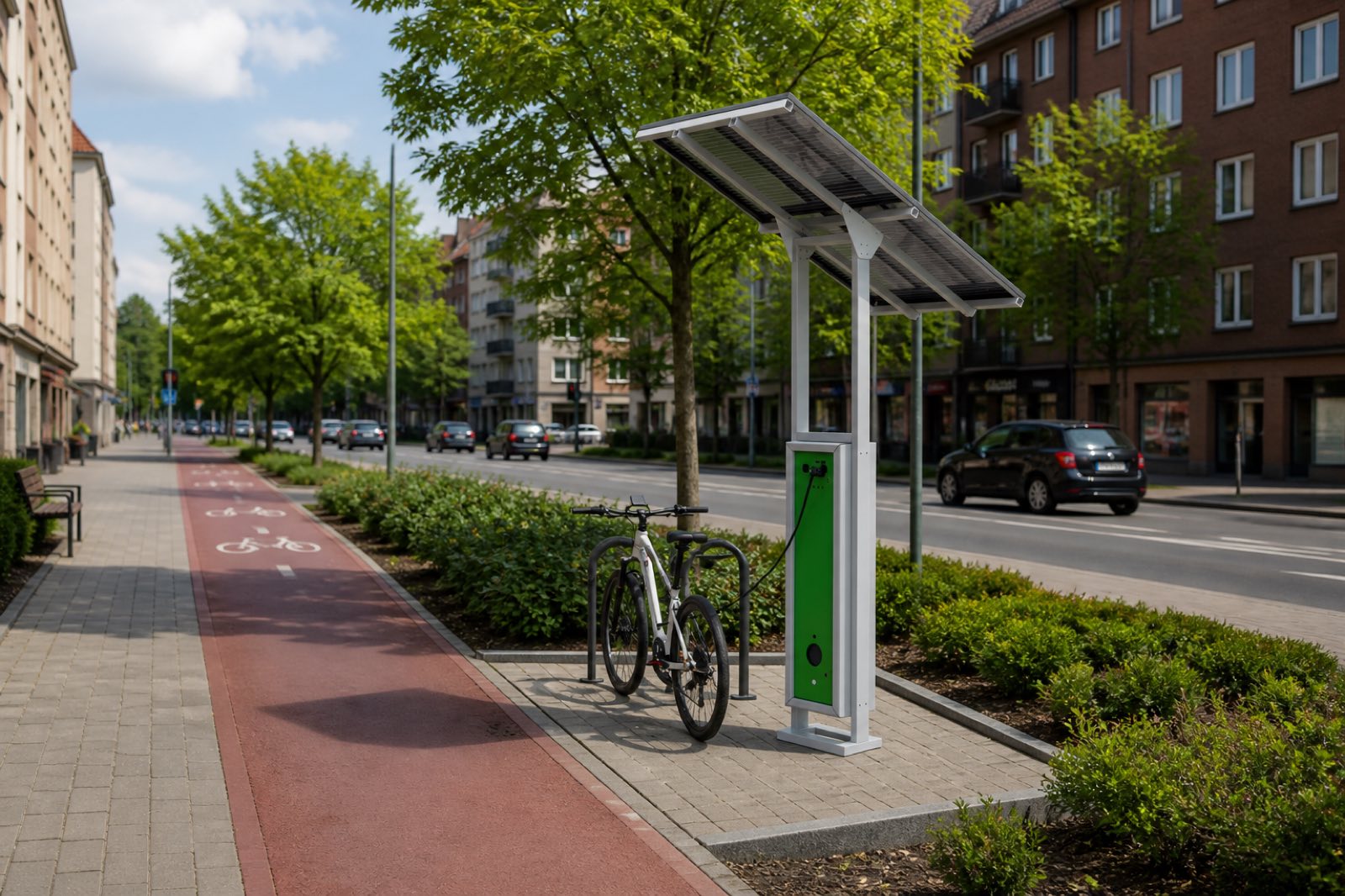ChargeGo Pole — solarna stacja ładowania rowerów elektrycznych przy drodze rowerowej w mieście