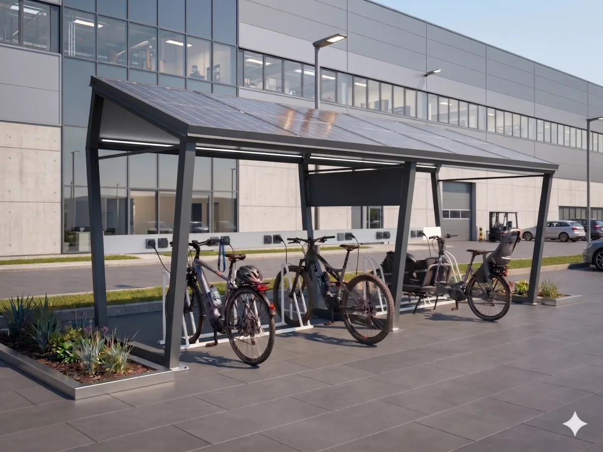 Solarna wiata rowerowa pod biurem firmy — stacja ładowania e-bike dla pracowników