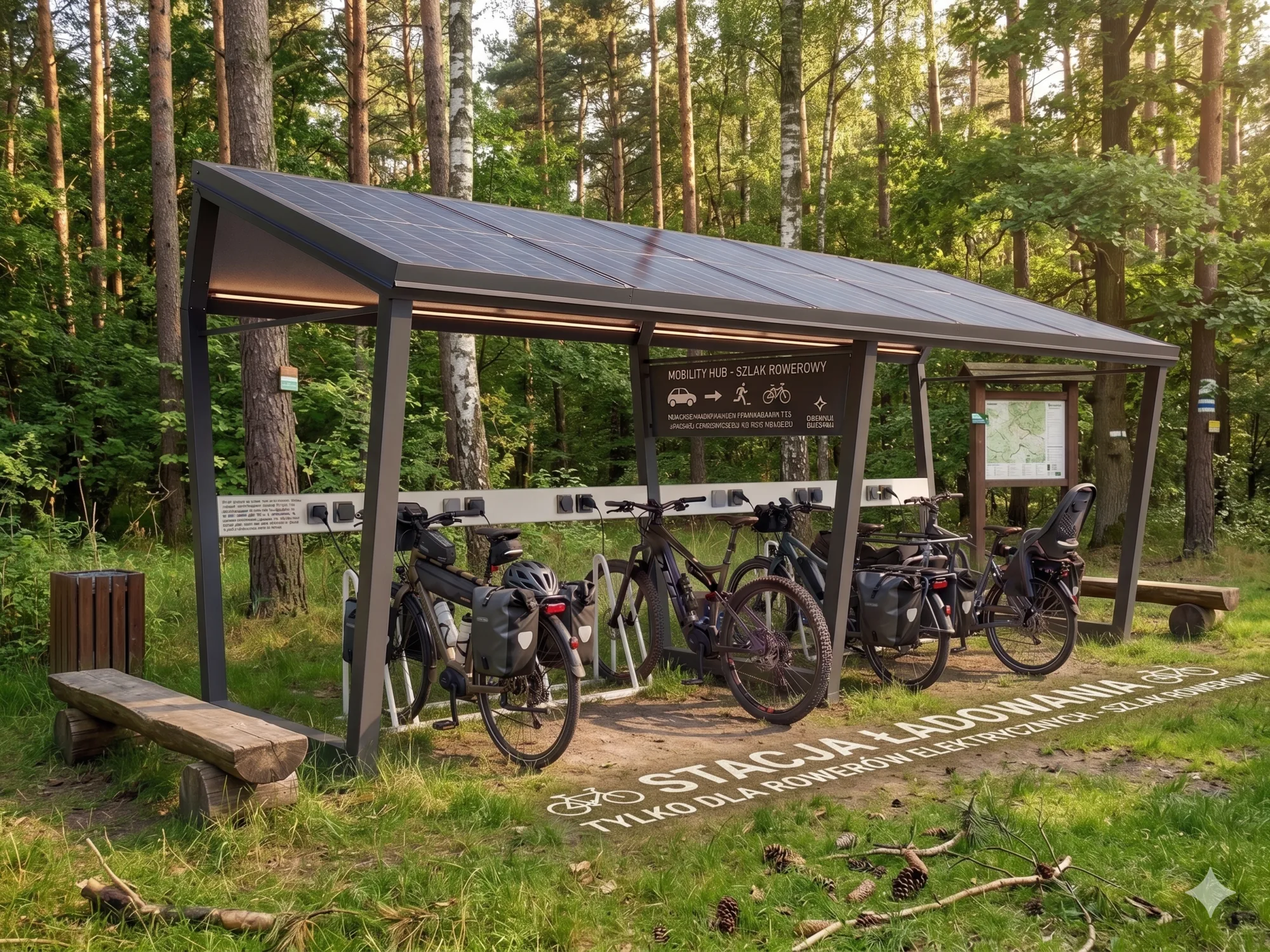 Solarna wiata rowerowa ChargeGo na szlaku rowerowym w lesie — stacja ładowania e-bike off-grid, znak Stacja Ładowania E-bike